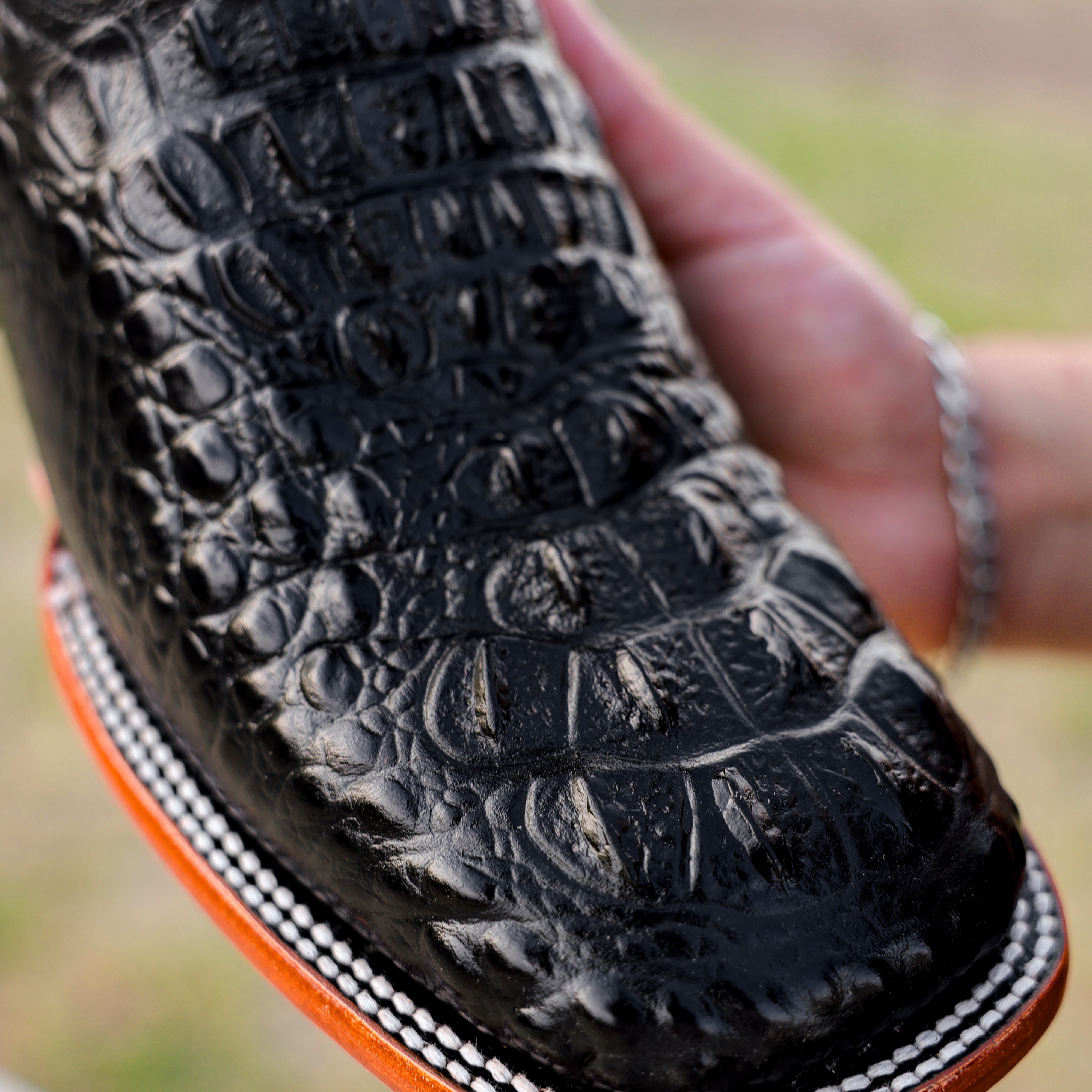 Black Caiman Neck Leather Boots - Square Toe