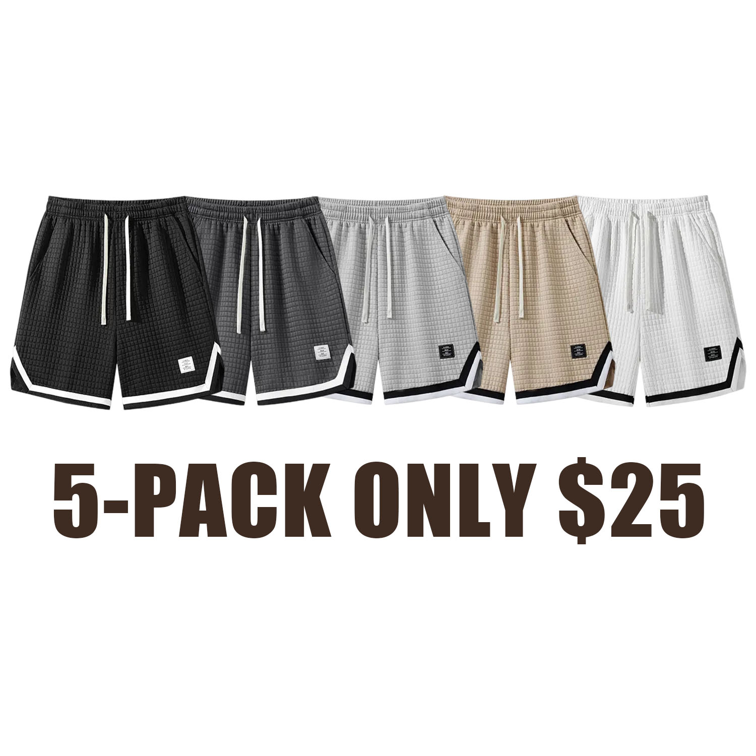 Men’s drawstring pocket shorts, 5-pack — casual woven beach shorts with a belt for summer