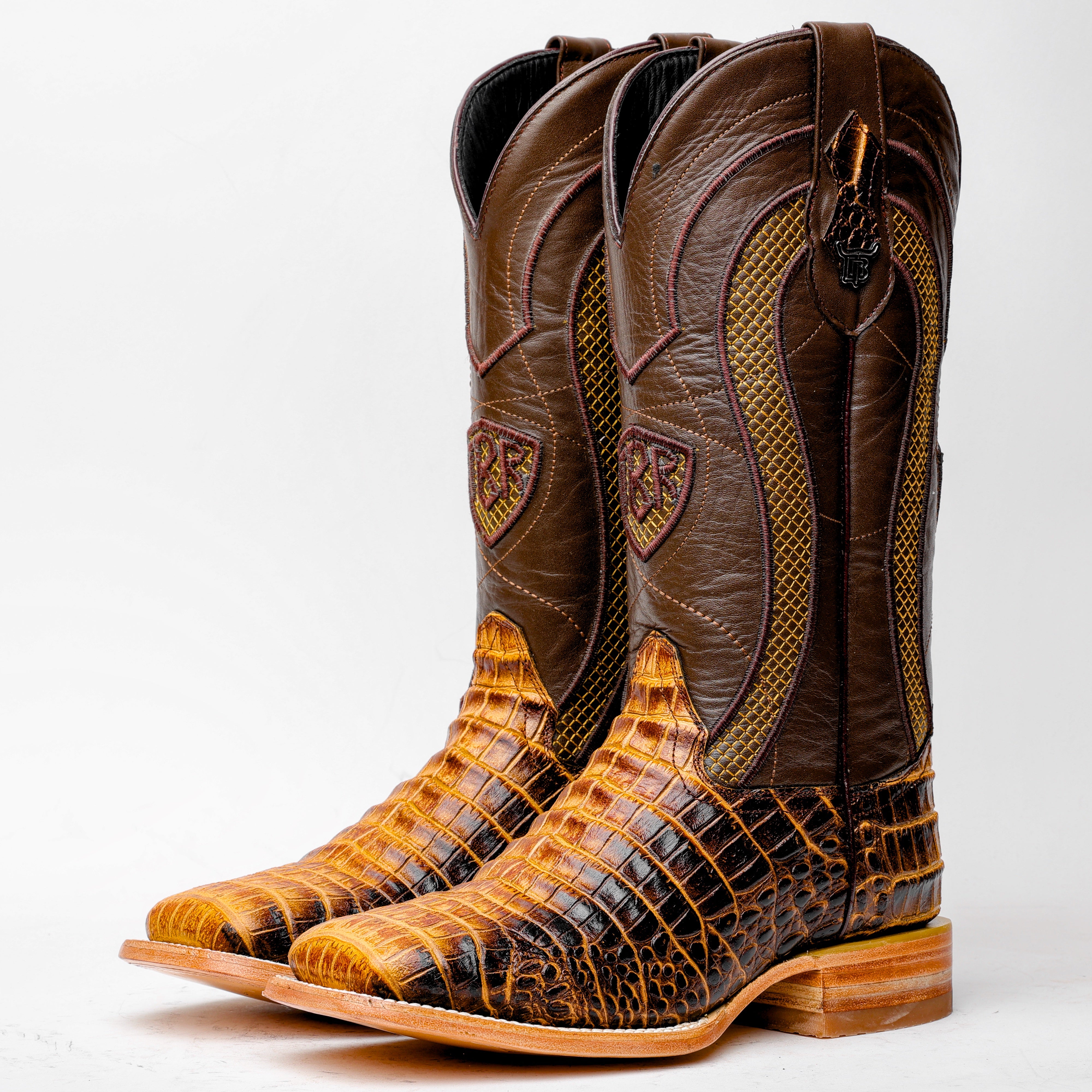 Two-Tone Caiman Belly Leather Boots - Square Toe