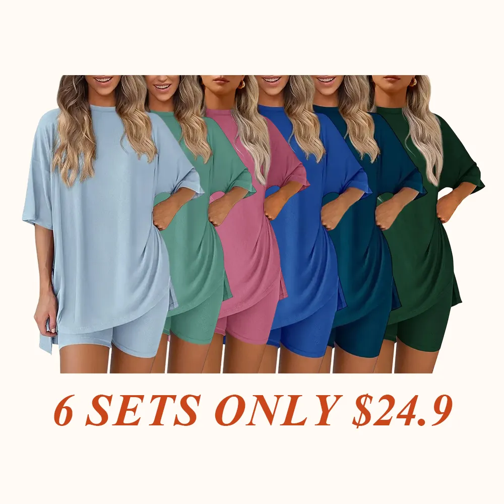 Crewneck Two-Piece Set For Women Summer Casual Oversized Split Hem Shirts