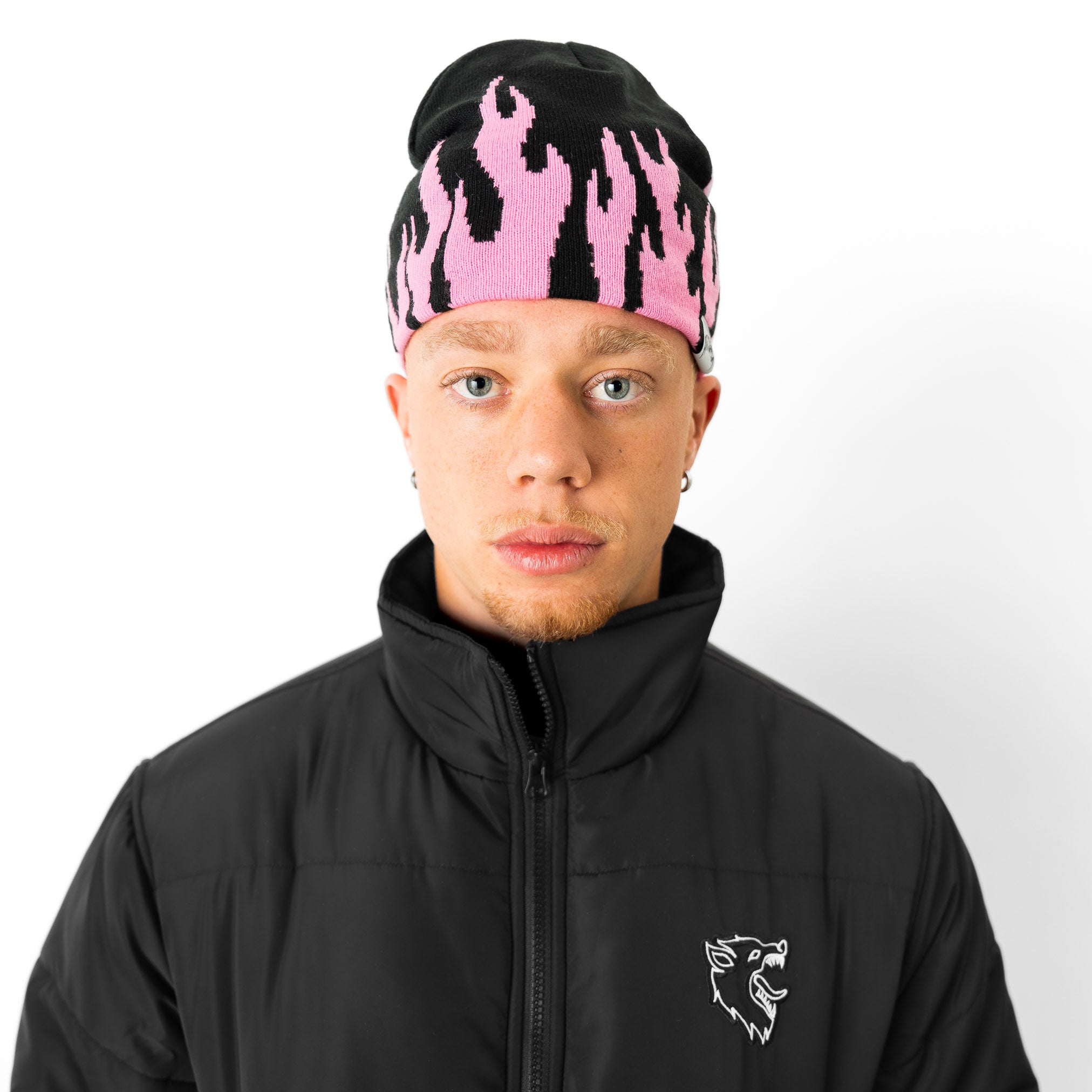 FLAME SKULL CAP BEANIE - BLACK / PINK