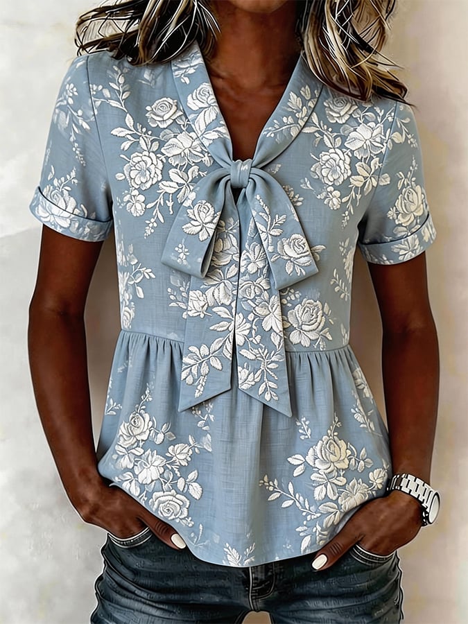 Women's Casual V-neck Printed Short-sleeved Top- Fast Shipping