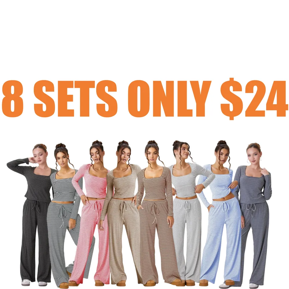 Women's Stripe Square Neck Long Sleeve Crop Top & Wide Leg Trousers Set