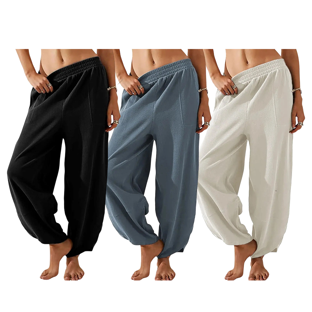 Women's Baggy Wideleg Pants Casual Elastic Waisted Palazzo Harem Pants with Pockets