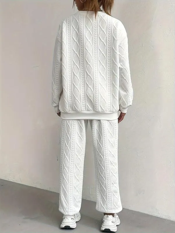 Women's Solid Patched Drop Shoulder Sweatshirt & Elastic Waist Pants Two-piece Set