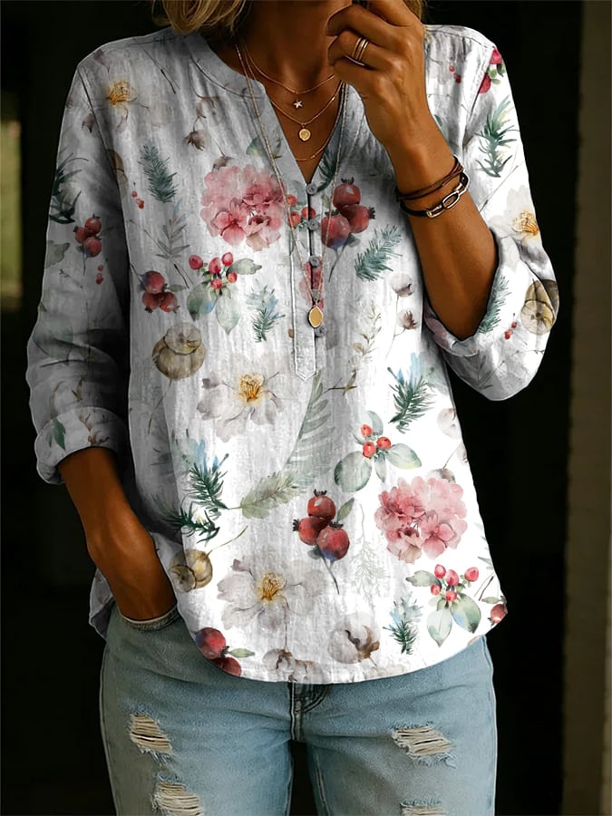 Women's Retro Botanical Flower Print Button Design Shirt- Fast Shipping