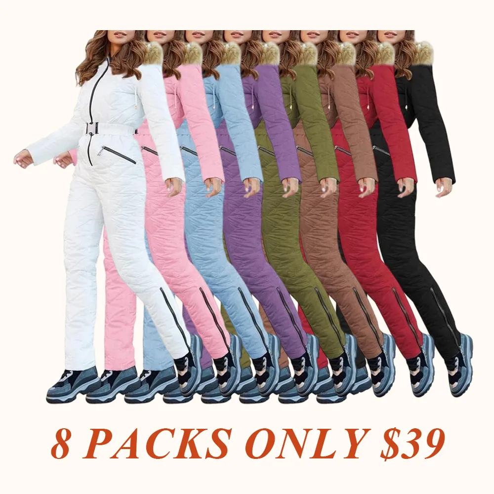 Women's Winter Ski Suit One-Piece Hooded Fur Collar Jumpsuit