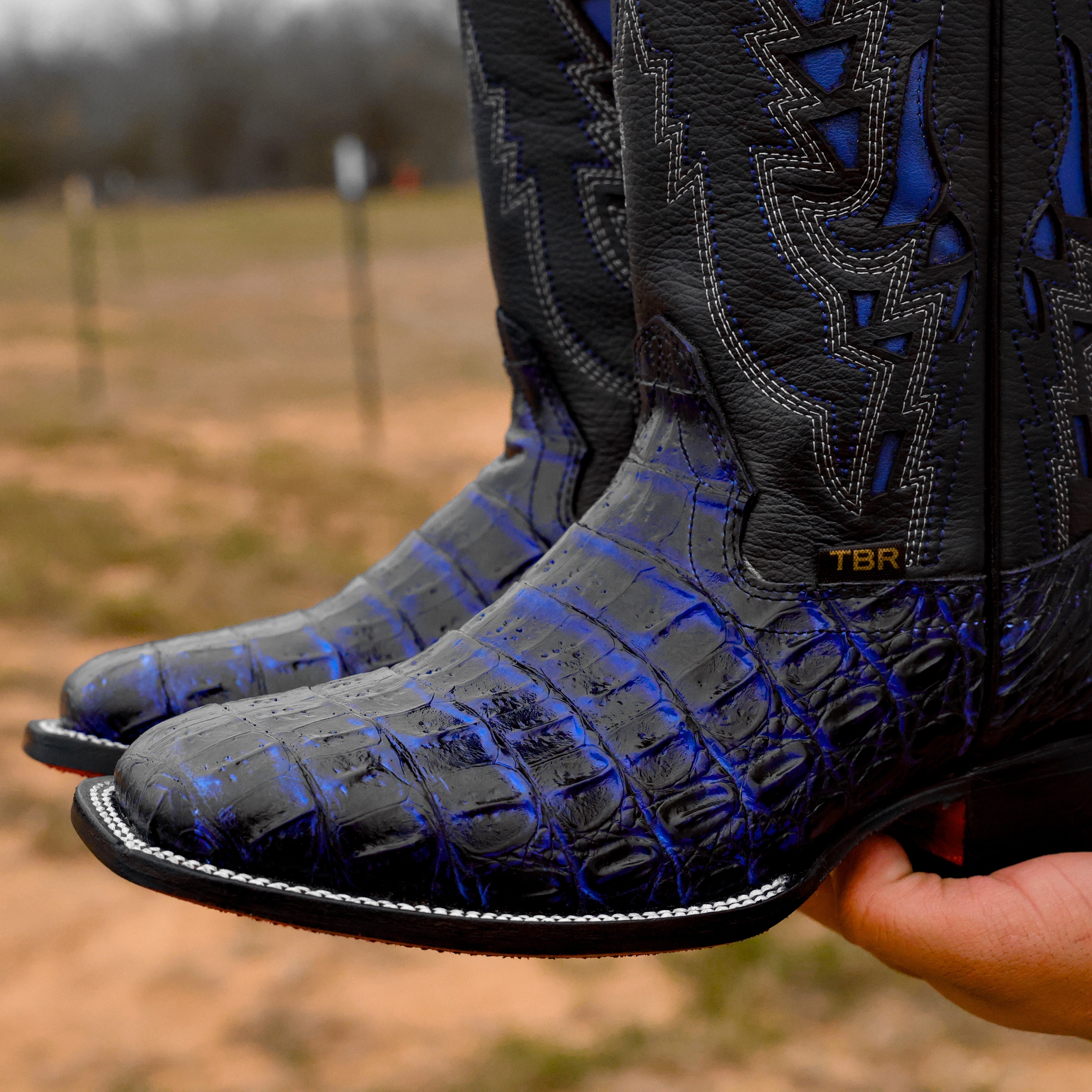 Black/Royal Blue Caiman Hornback Leather Boots - Square Toe
