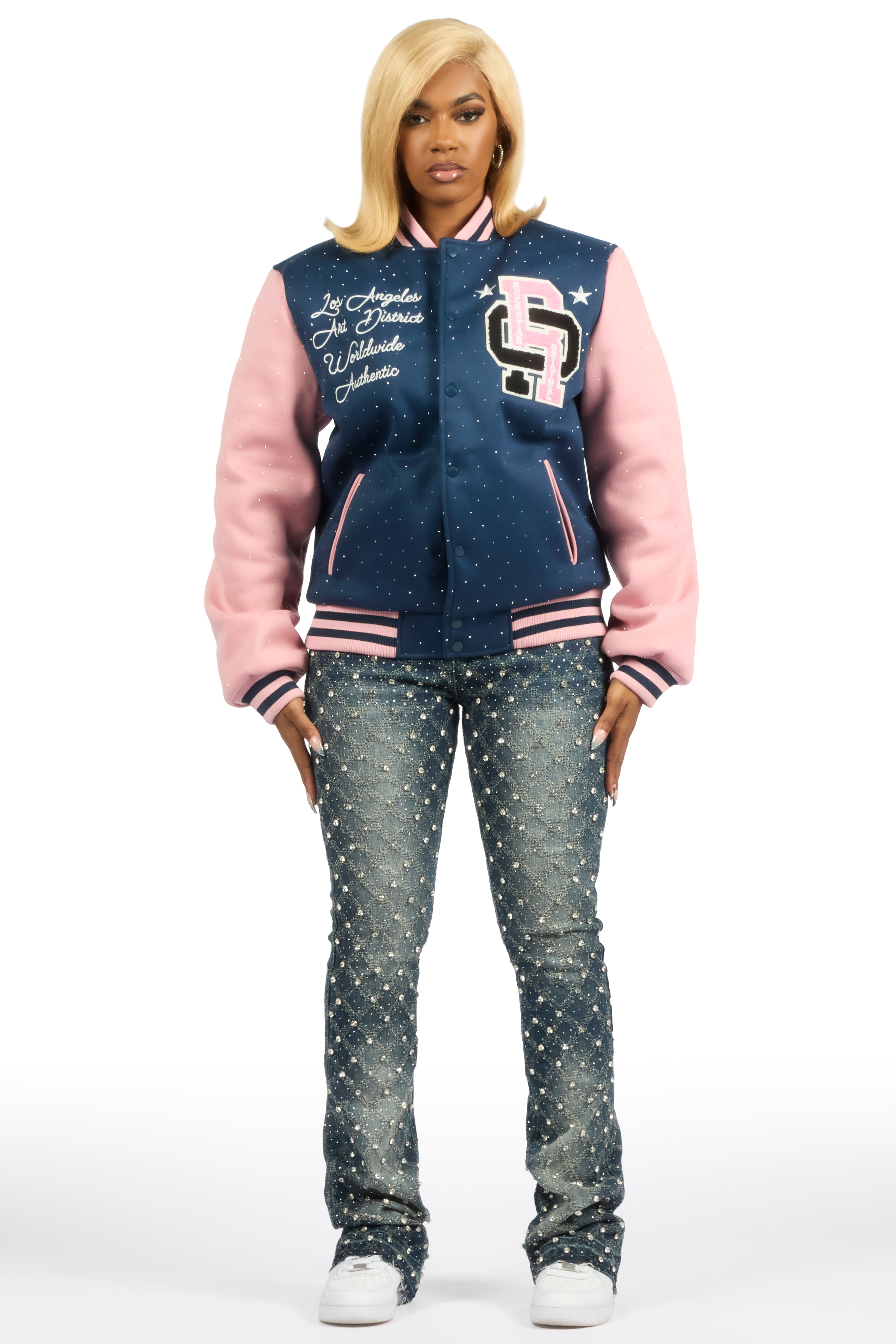 Ranesha Navy/Pink Rhinestone Varsity Jacket