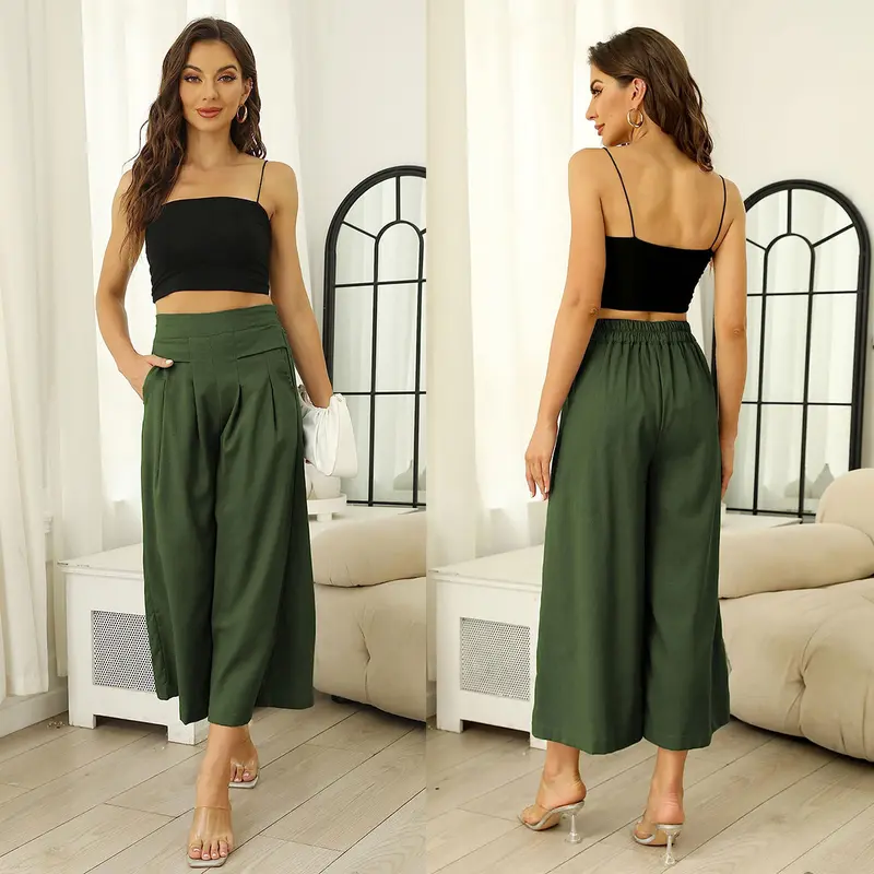 Women's Cotton-Linen Wide-Leg Pants — Elastic Waist, Wide-Leg Trousers & Capris (With Pockets)