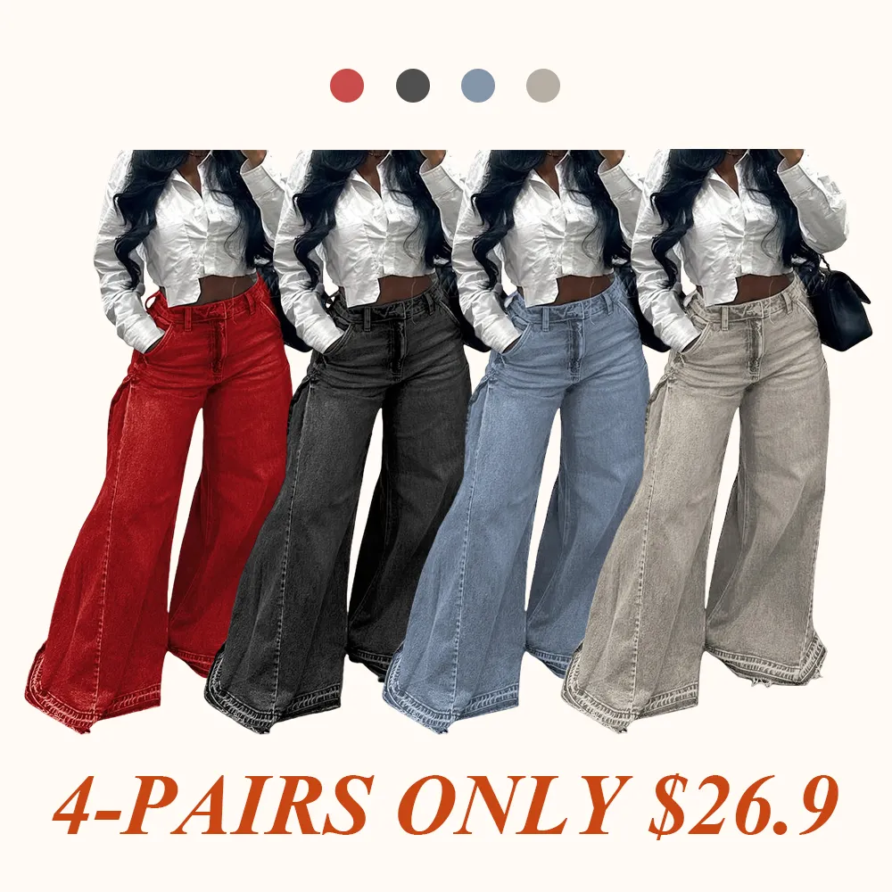 Women Flared Wide Side Loose Jeans High Waist