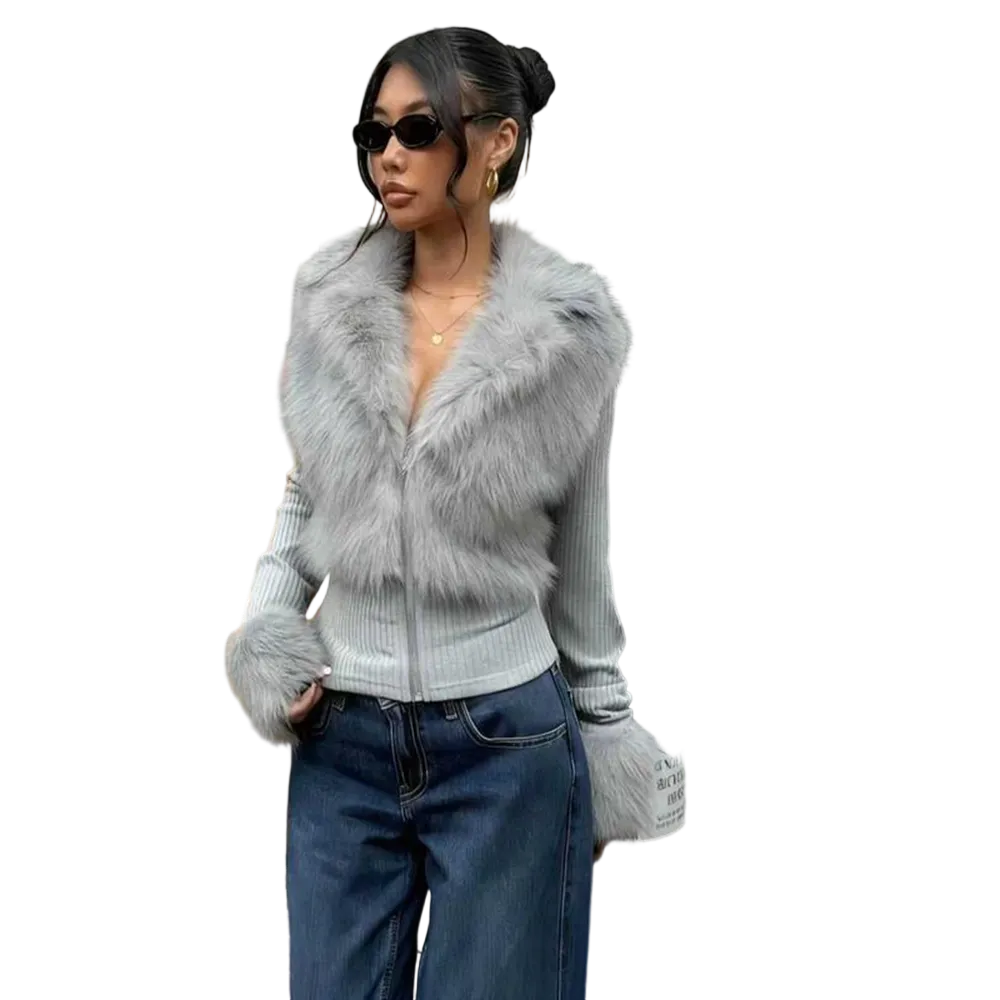 Women's Fashion Street Style Patchwork Knit Faux Fur Jacket