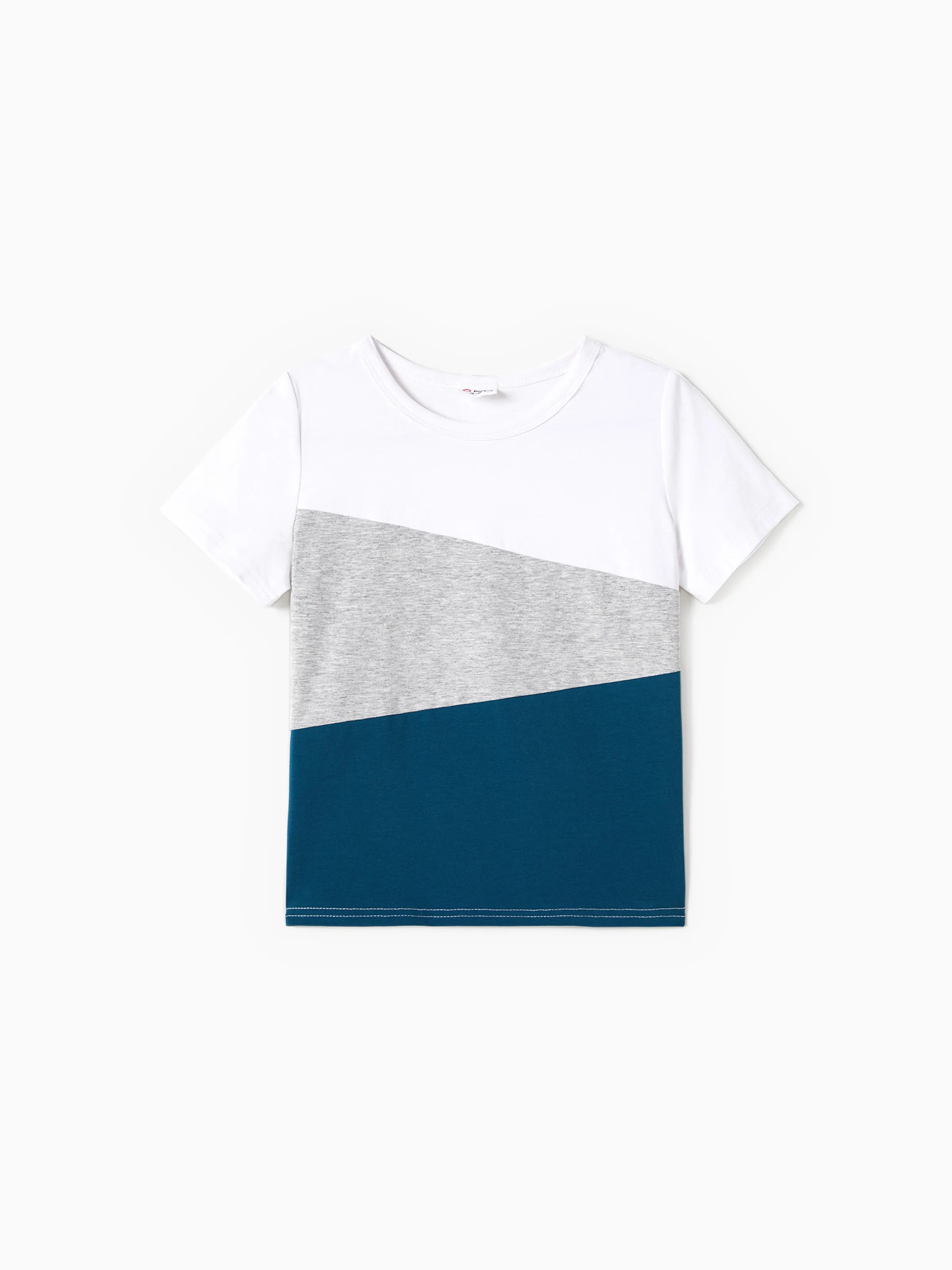 Family Matching Solid V Neck Flutter-sleeve Splicing Floral Print Dresses and Short-sleeve Colorblock T-shirts Sets Azure-