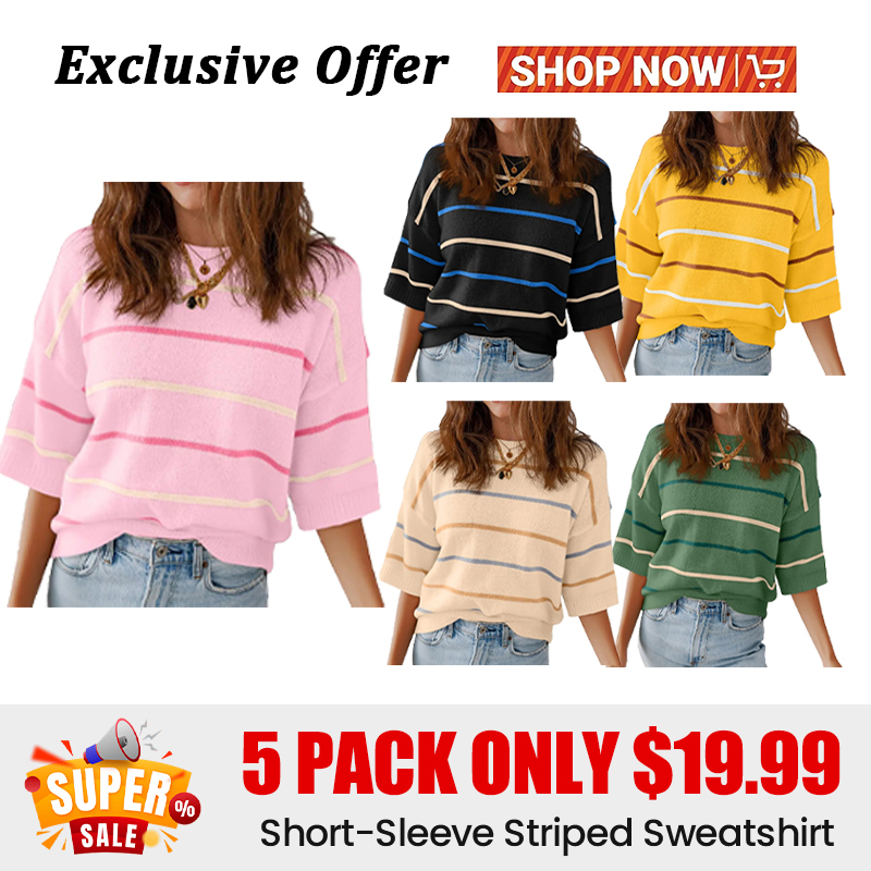2026 Spring/Summer Women's Short Sleeve Striped Sweatshirt - Soft Breathable Fabric Crew Neck Pullover Top for Daily Wear