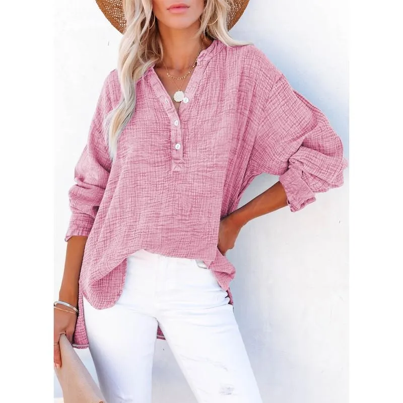Women's Casual Button V Neck Long Sleeve Shirts Oversized Solid Blouses Tops