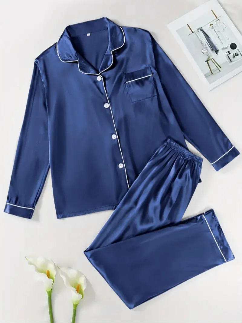Two-Piece Set Women's Solid Contrast Binding Satin Pyjamas
