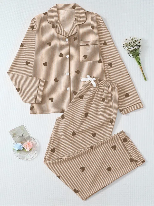 Women's Striped Bow Print Long Sleeve Pajama Set