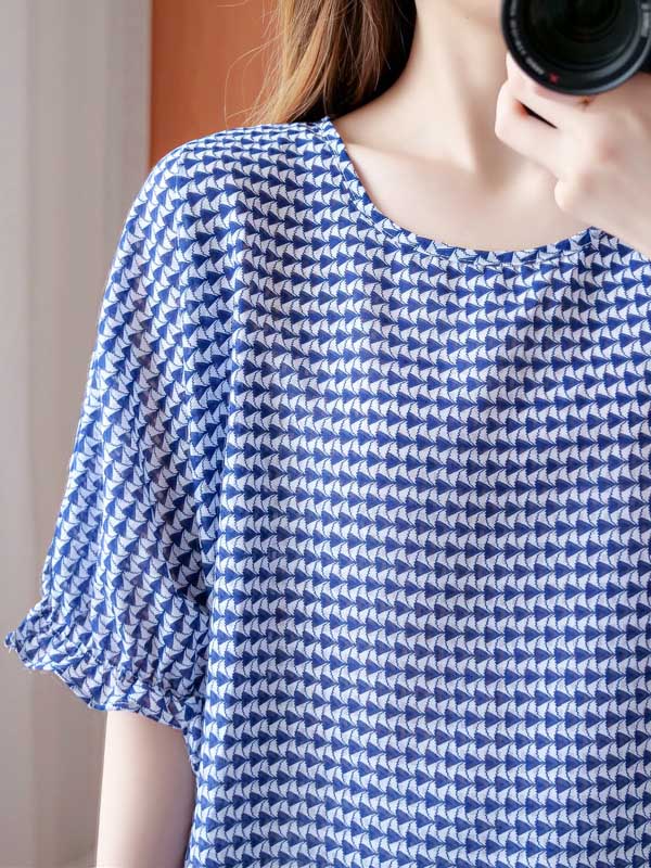 Casual Split-Joint Plaid Round-Neck Batwing Sleeves T-Shirts