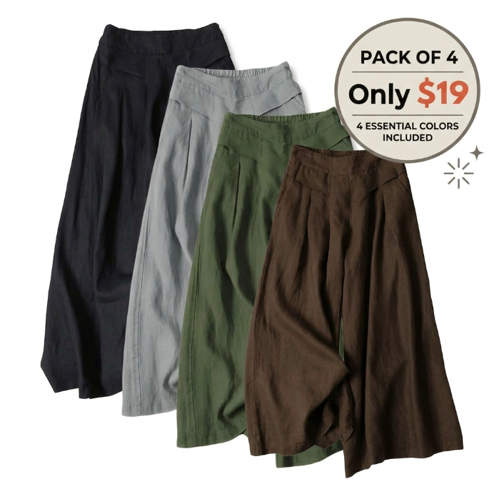 【Stock Up Deals】Women's Cotton Linen Culottes Pants Elastic Waist Wide Leg Palazzo Trousers Capri Pants with Pockets