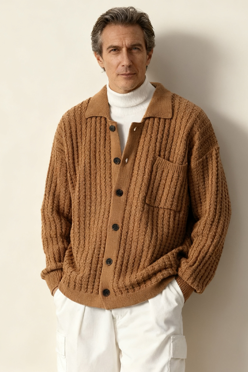 Men's Brown Textured Knit Single-Breasted Cardigan