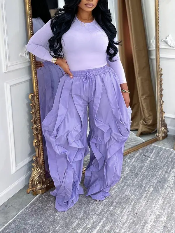 Women's Slim-Fitting Top & Wide-Leg Patchwork Ruffle Pants Set