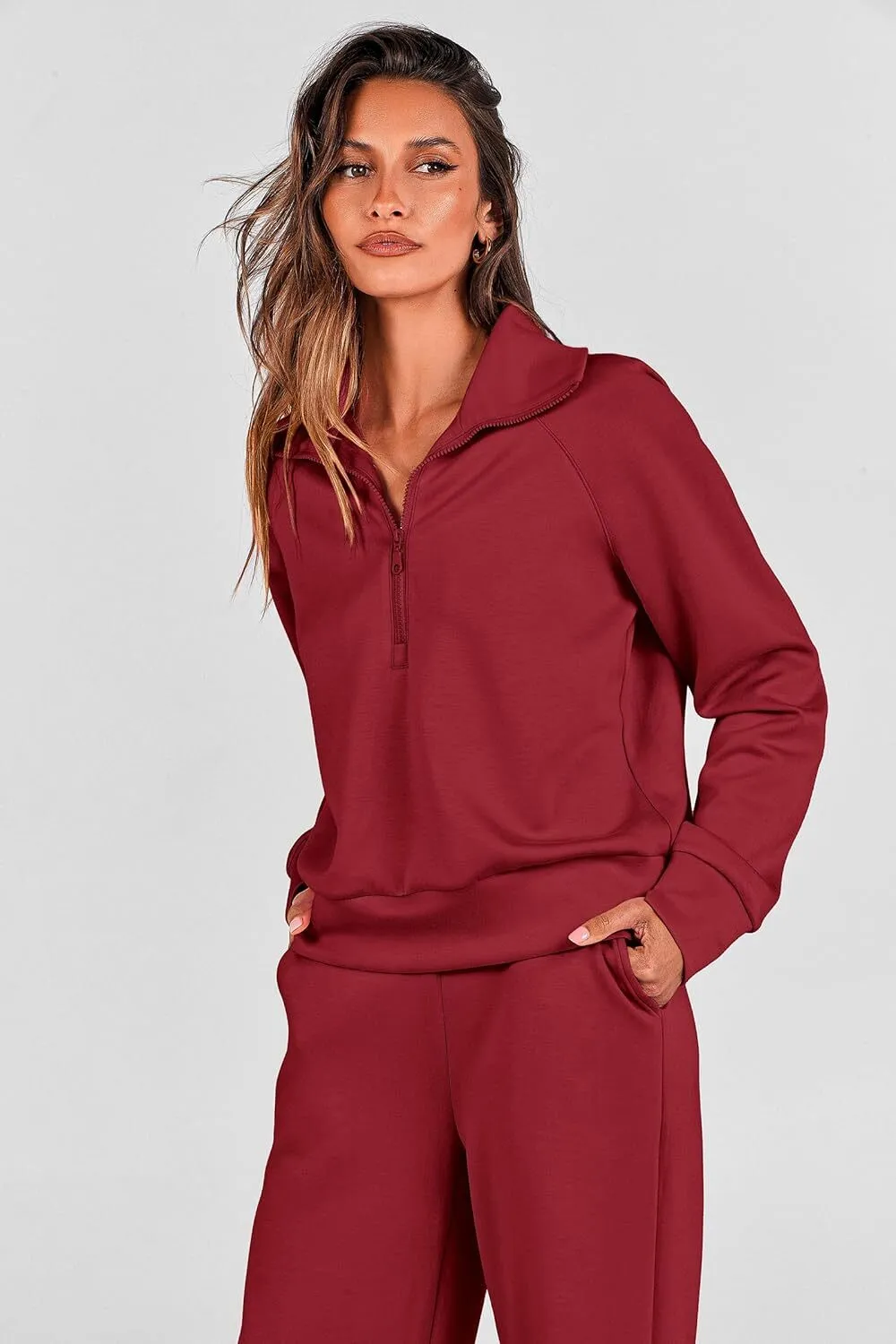 🔥Final Day Clearance!🛒Women's 2 Piece Outfits Casual Lapel Half Zip Sweatshirts And Wide Leg Pants Tracksuit Sets