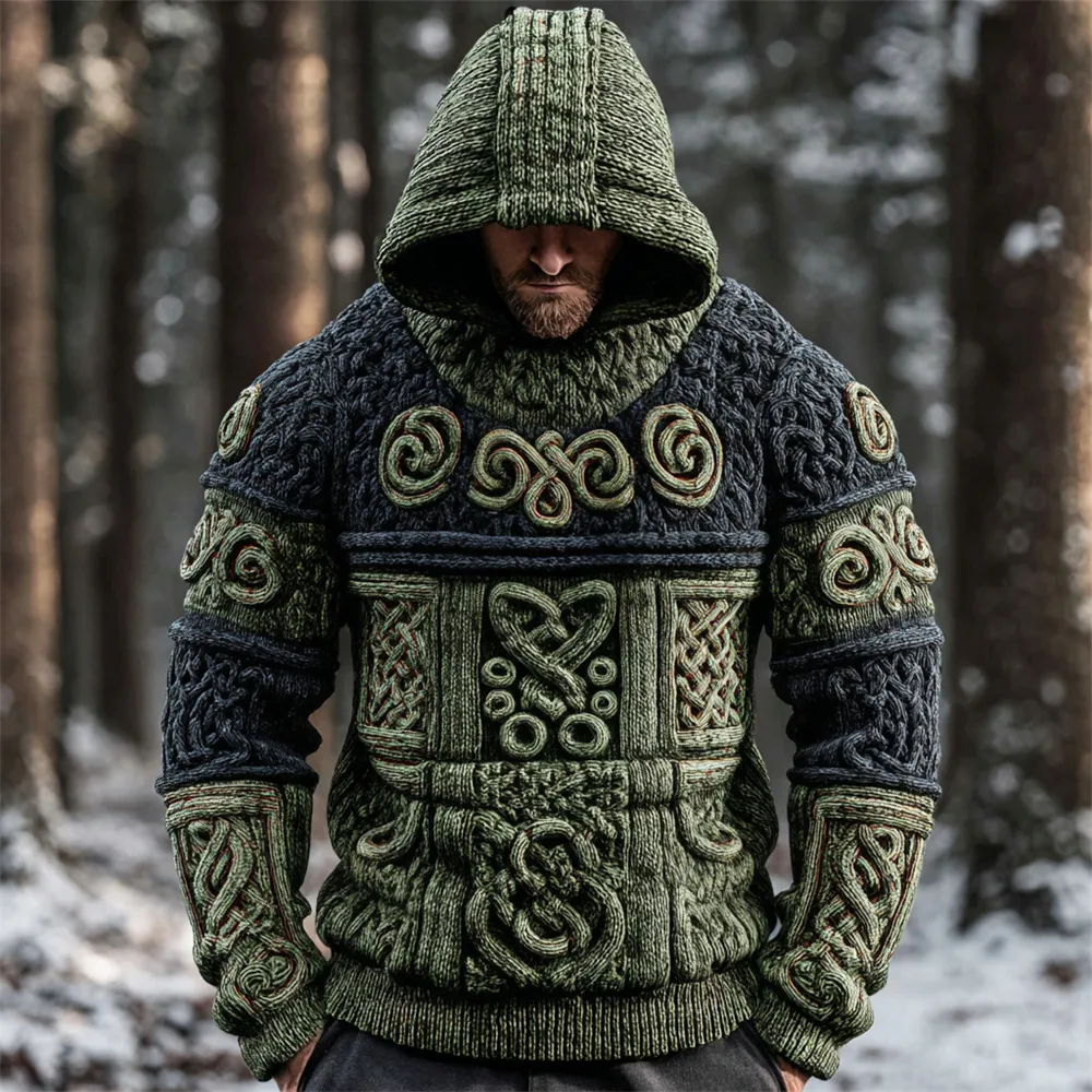 Retro Viking Totem Men's Hooded Knit Sweater