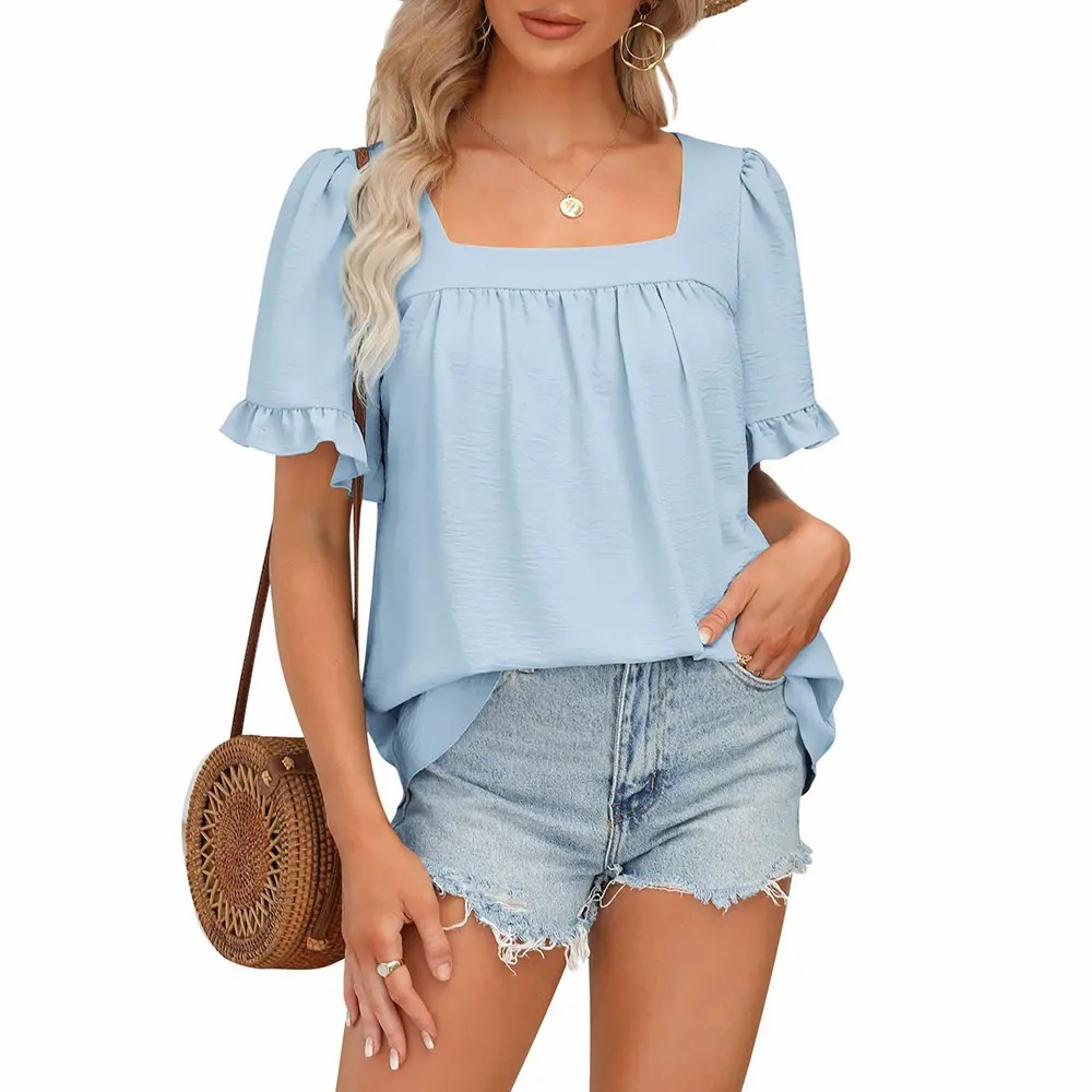 Women's Square Neck Peplum Blouse – Whimsical Ruffle Sleeve Cottagecore Top