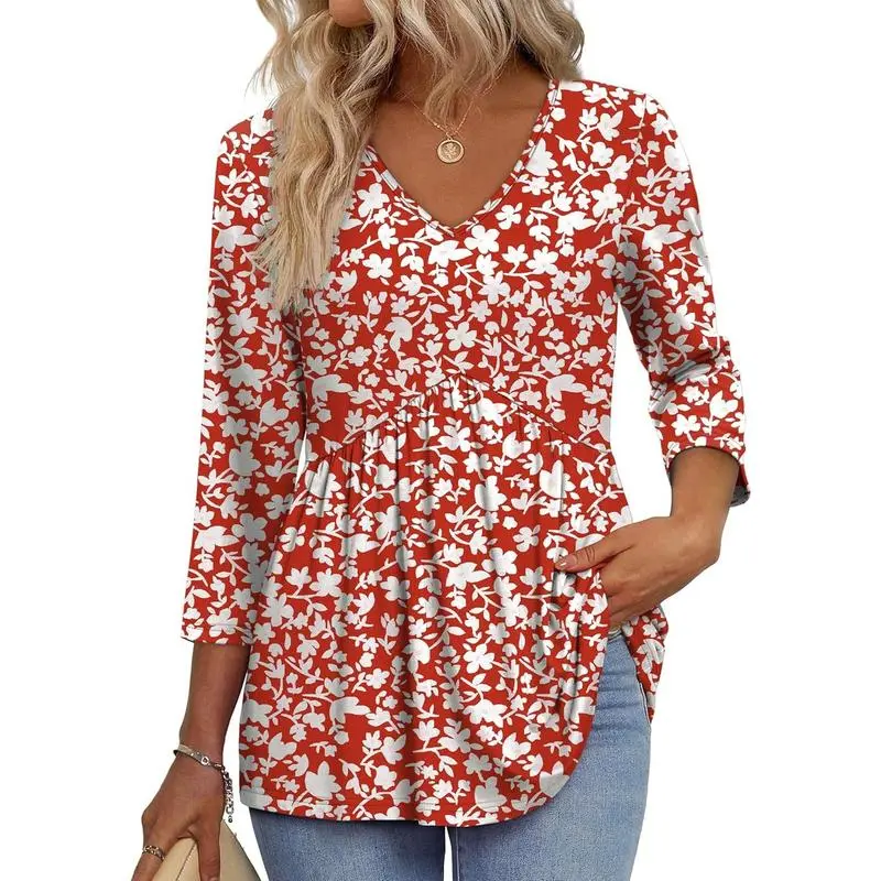 3/4 Length Sleeve Womens Tops 2025 Blouses for Women Dressy Casual Fashion Clothing V Neck Babydoll Tops Fall Outfits