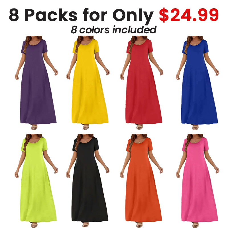 🔥8 PACK $24.99- Women's Casual Commuter Plain Minimalist Short Sleeve Dress with Pockets