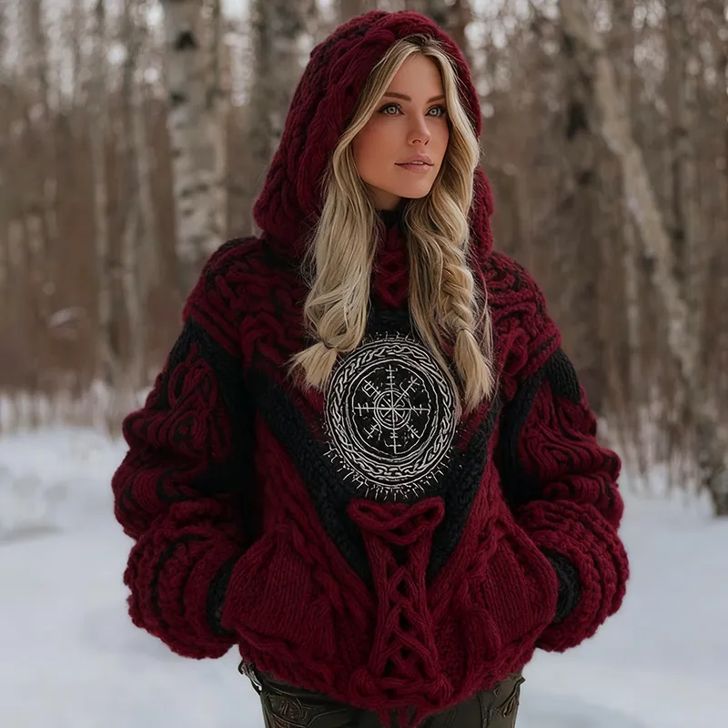 Women's Viking Celtic Knot Vegvisir Rune Knit Hooded Sweater