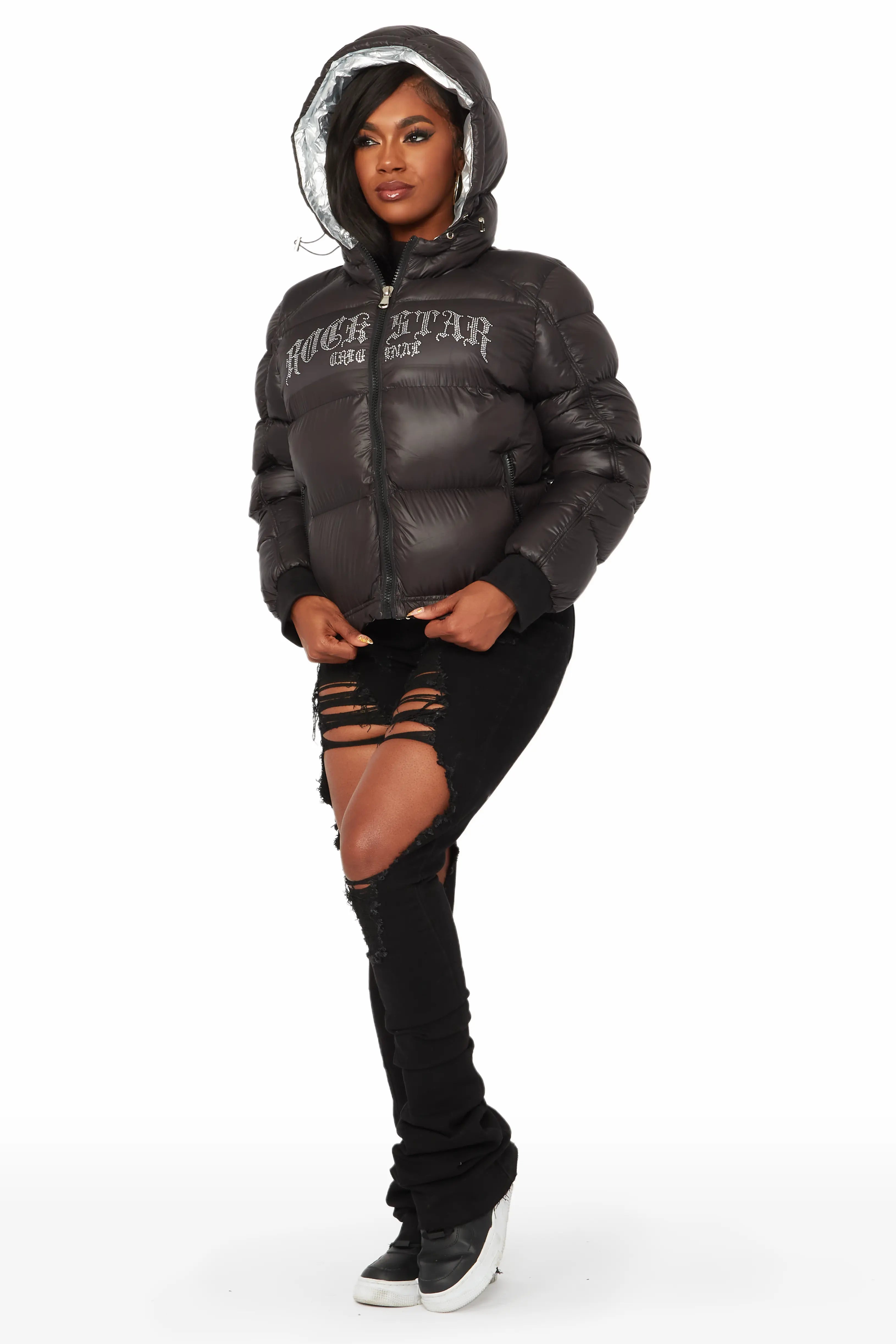 Rose Black Puffer Jacket