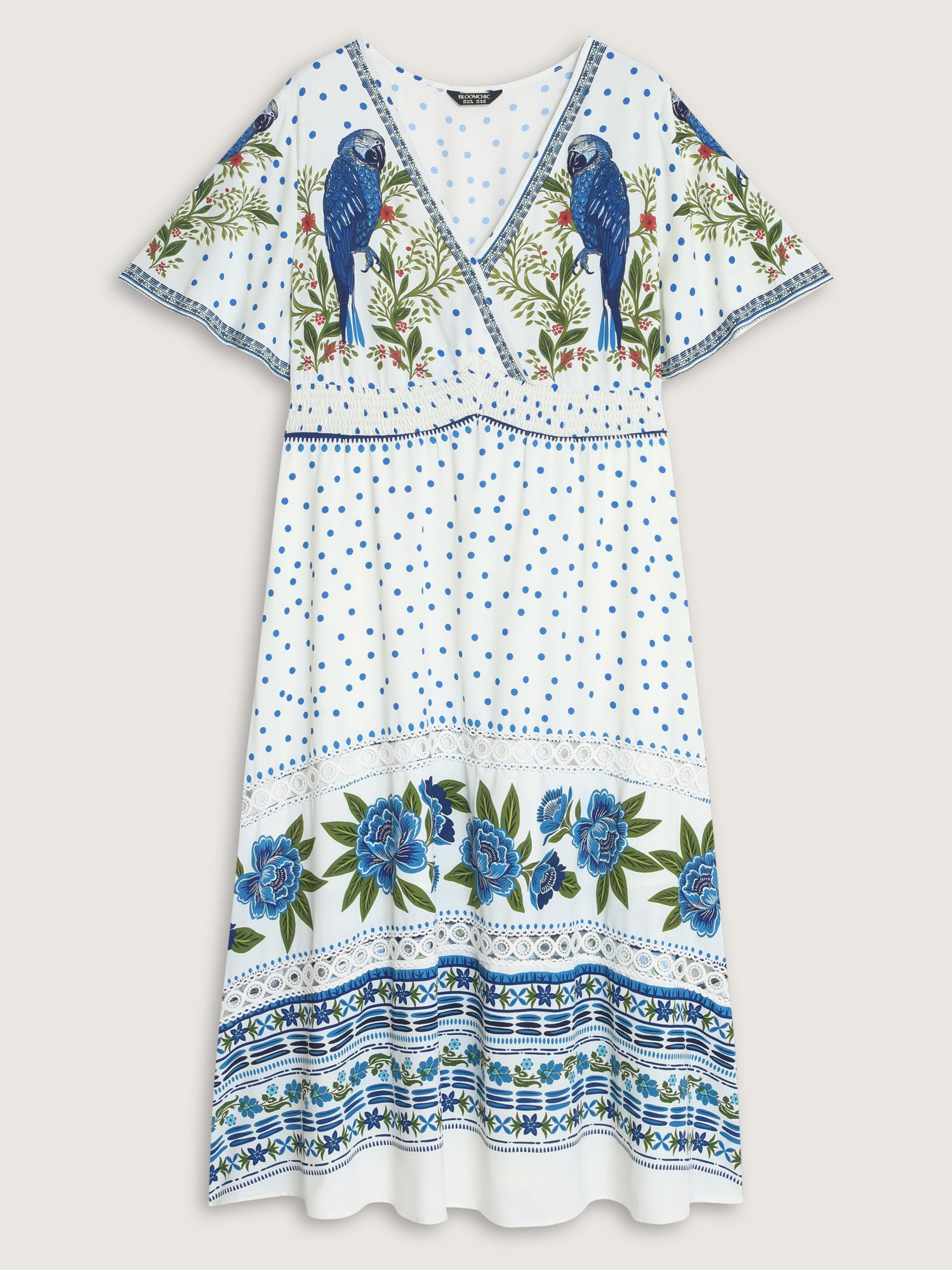 Parrot Print Lace Trim Surplice Neckline Maxi Dress