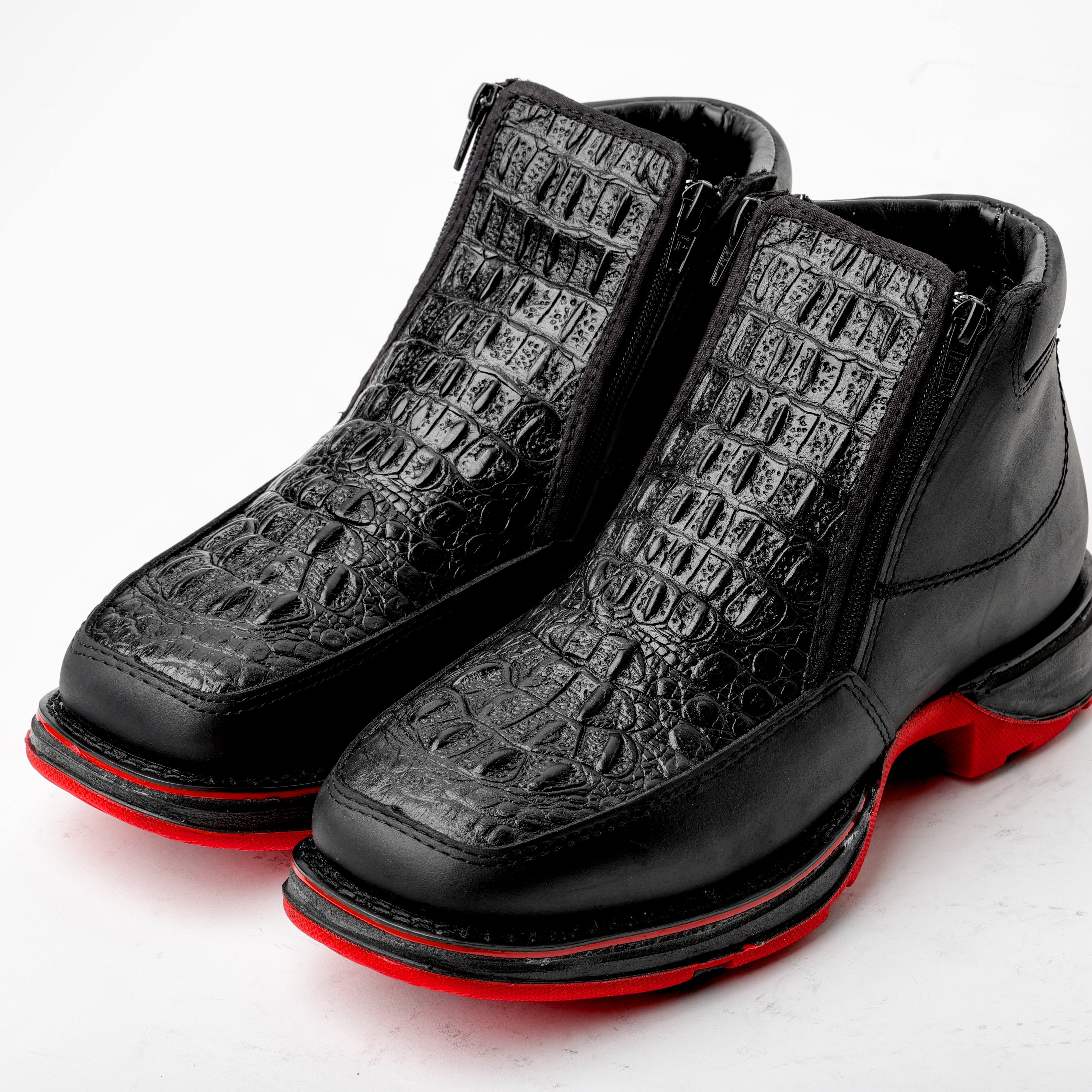 Black Caiman Leather Botin With 3D Lightweight Soles - Square Toe