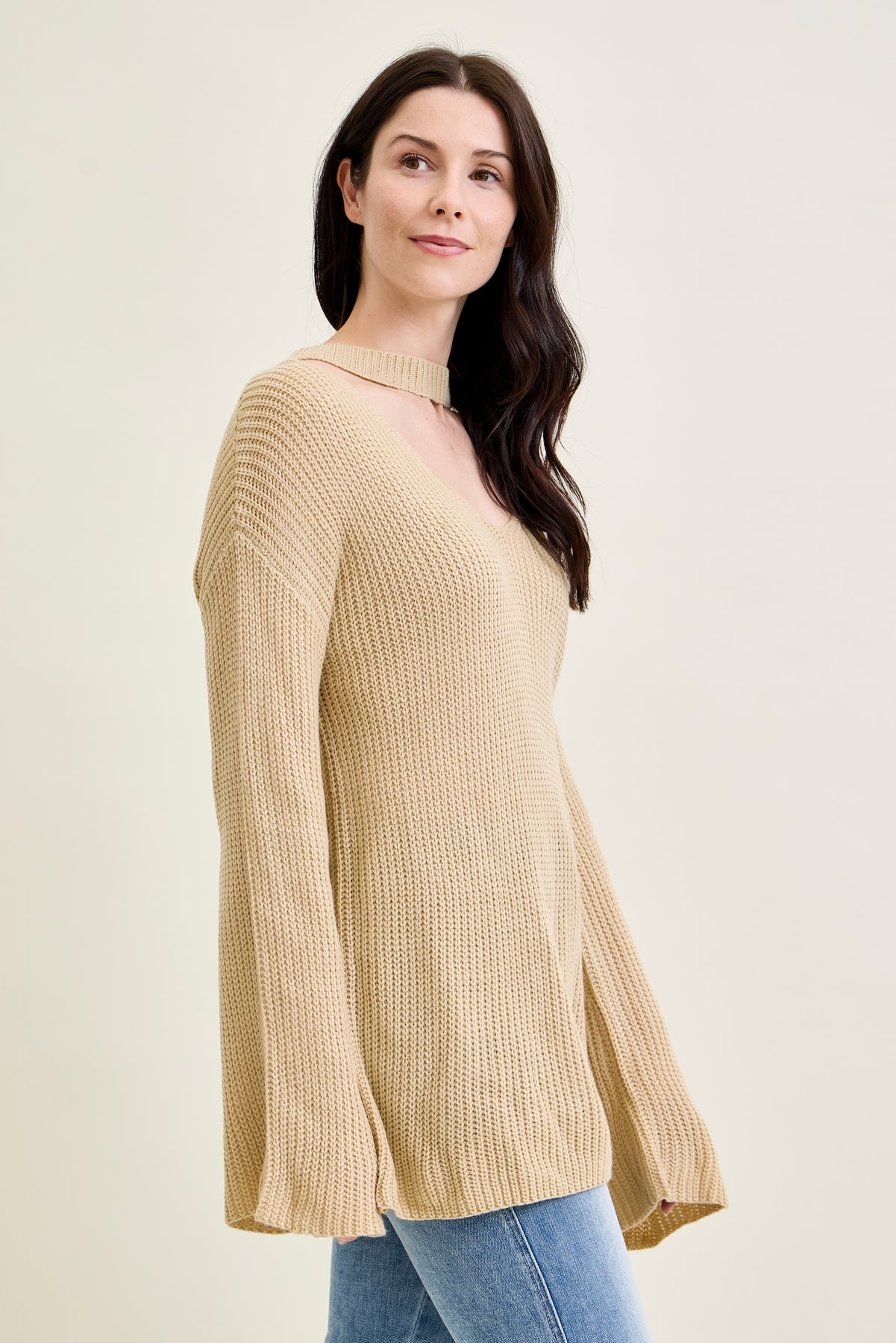 V-Neck Cut Out Pullover Beige Sweater