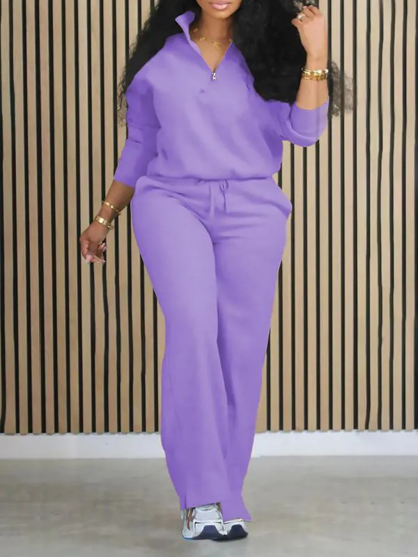 Women's Solid Half Placket Split Hem Pants Set