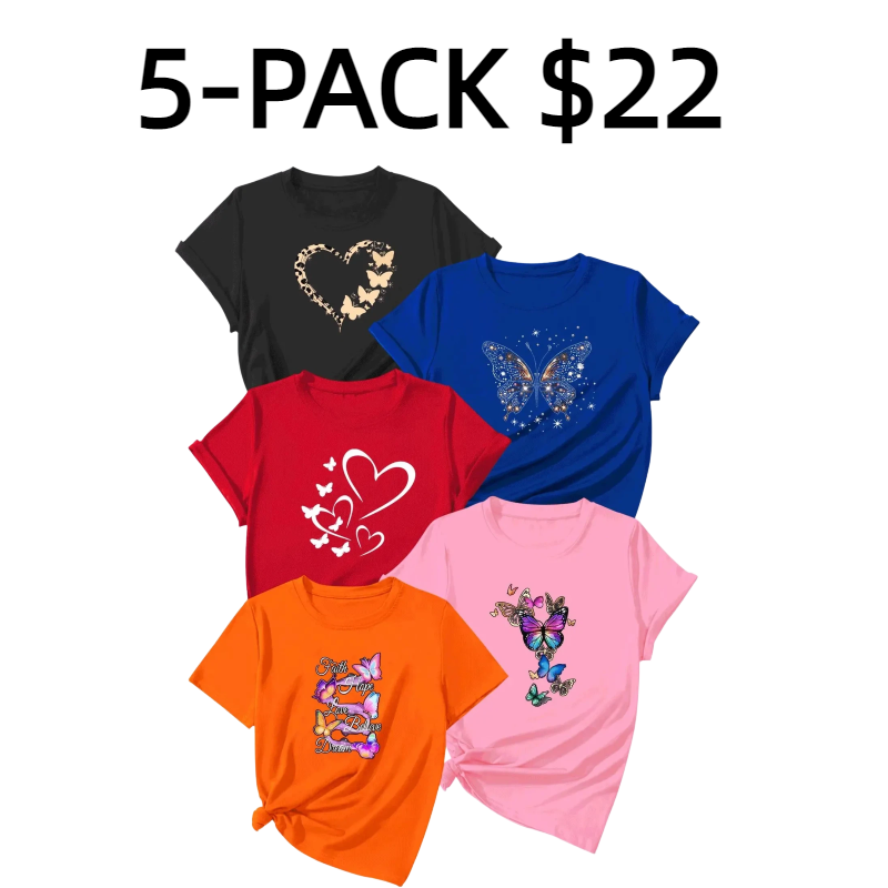 Women's Butterfly & Letter Print Round Neck Tee, Casual Short Sleeve Crew Neck T-shirt for Daily Wear