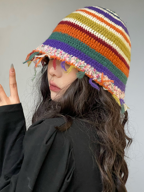 Fringed Striped Tasseled Bucket Hat