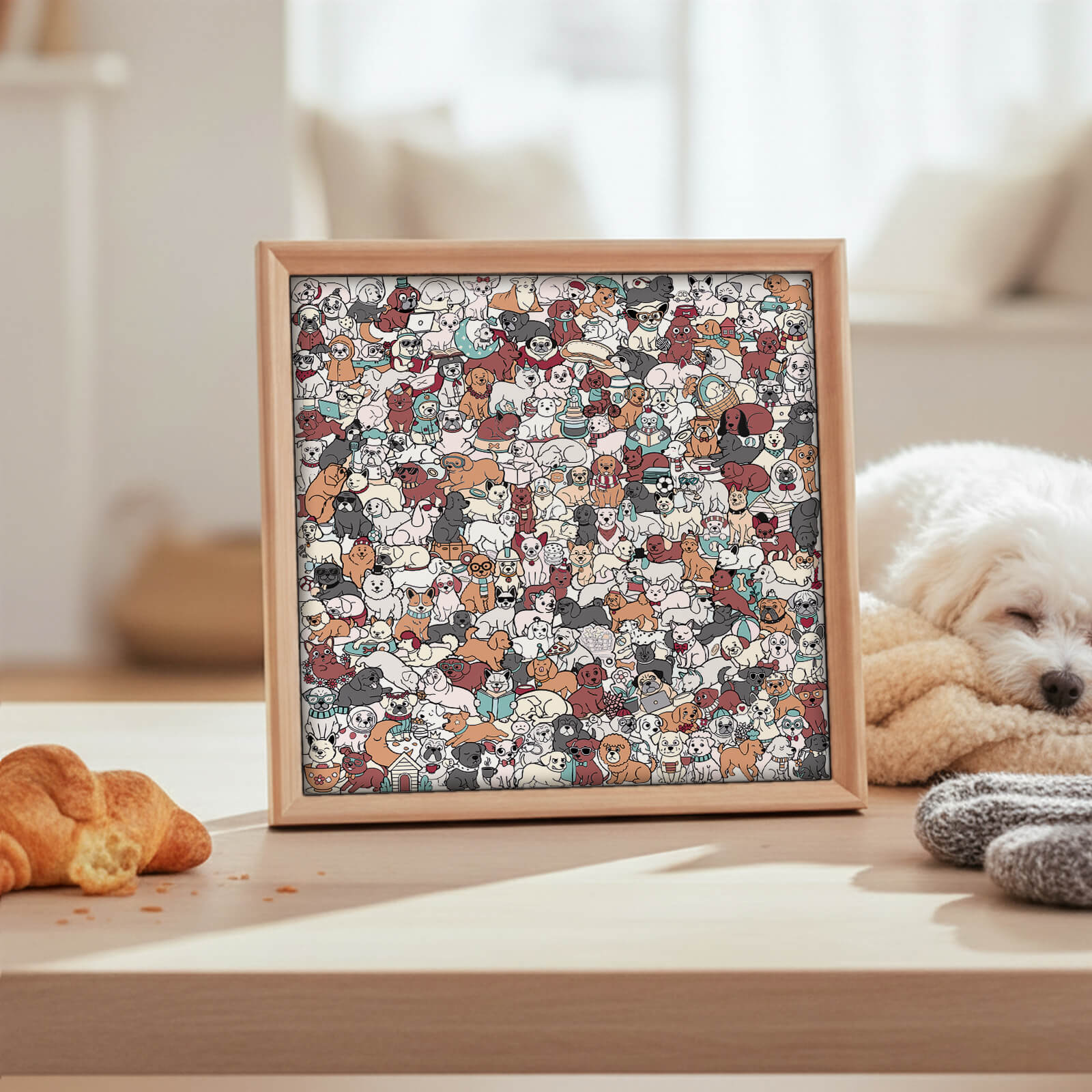 195 Pcs Morandi-Colored Cute Dog Shaped Square Wooden Jigsaw Puzzle