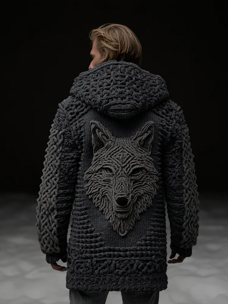 Men's Viking Style Celtic Knot Wolf Head Mid-length Cardigan Sweater
