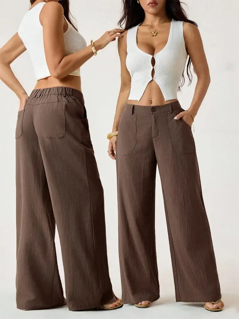 Women's Classic Linen Wide-Leg Pants — Flowy, Wide-Straight Beach Trousers for Summer (With Pockets)