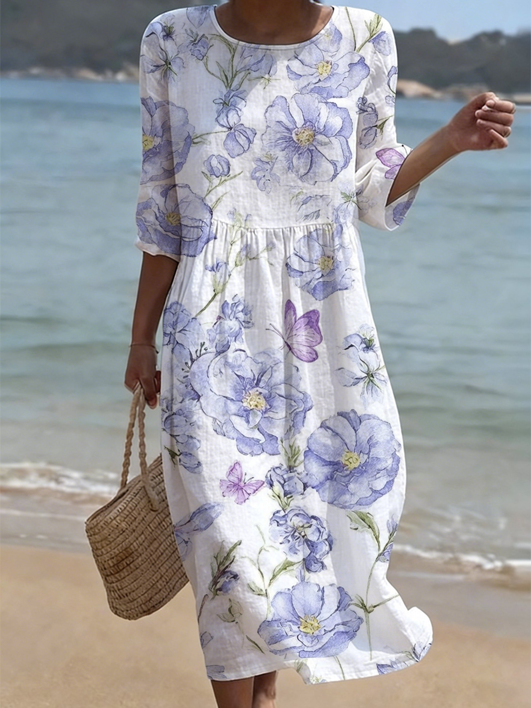 Women's Casual Solid Color Round Neck Mid-Sleeve Floral Print Cotton Linen Dress- Fast Shipping