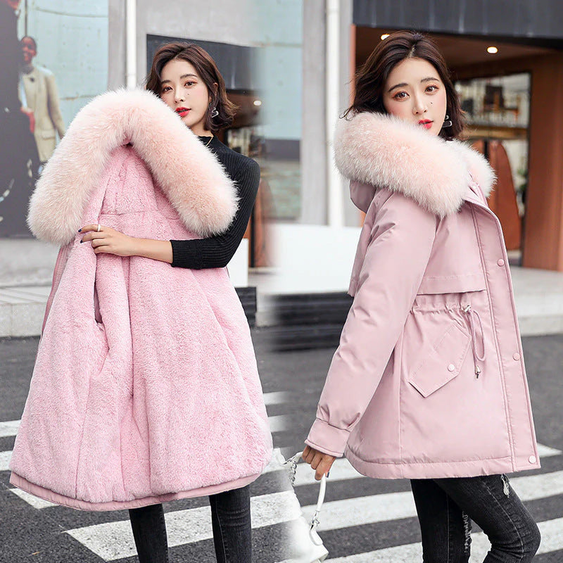 Women's winter coat with loose hood and thick synthetic fleece