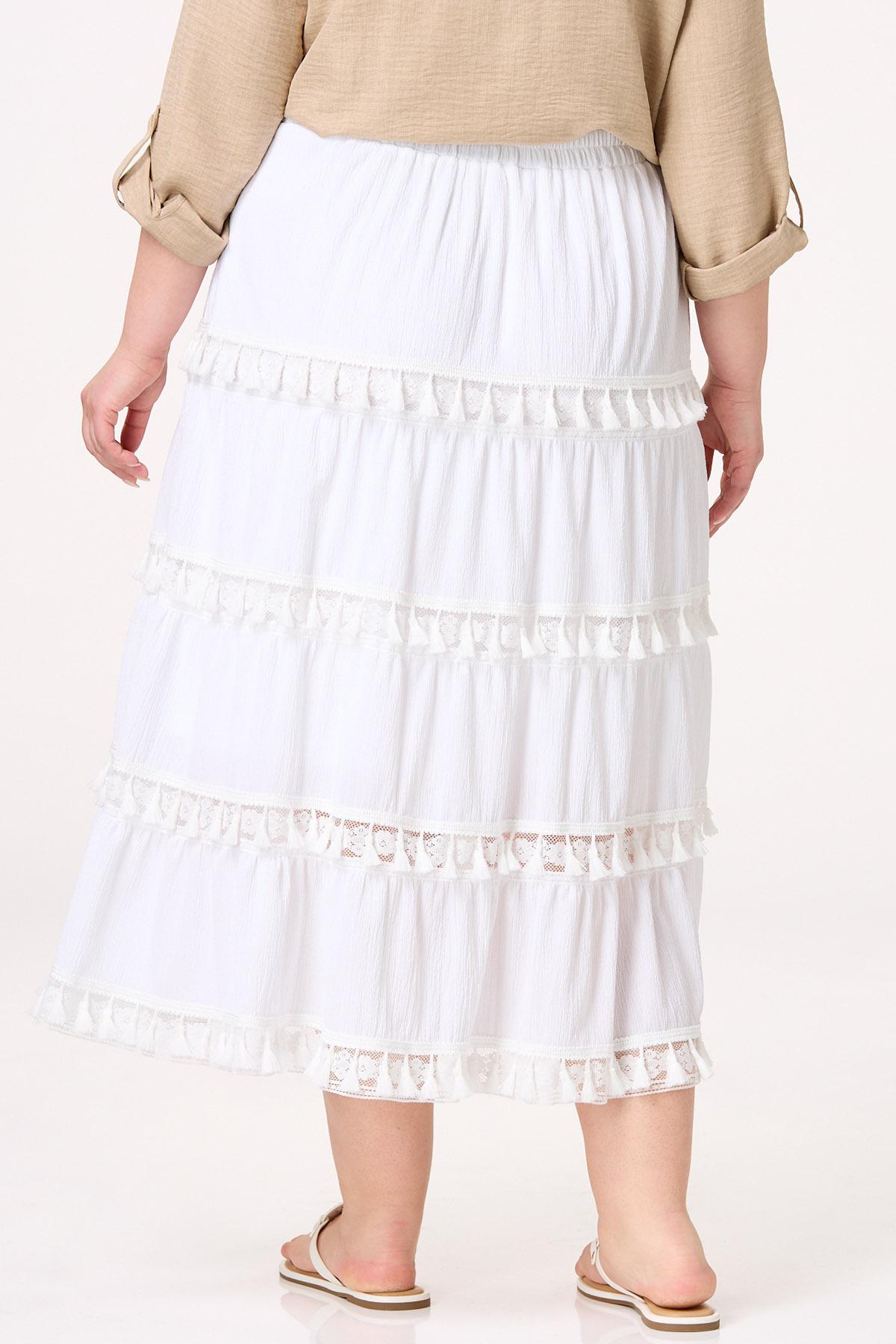 Plus Size White Tasseled Maxi Skirt