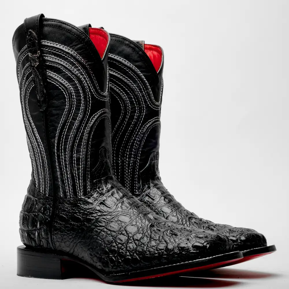 Black Caiman Neck Leather Boots - Square Toe