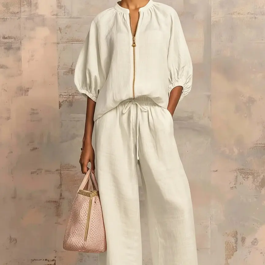 Women's Matching Lounge Set Quarter Zip Pullover Top Loose Wide Leg Pants 2 Piece Sweatsuit Casual Outfit