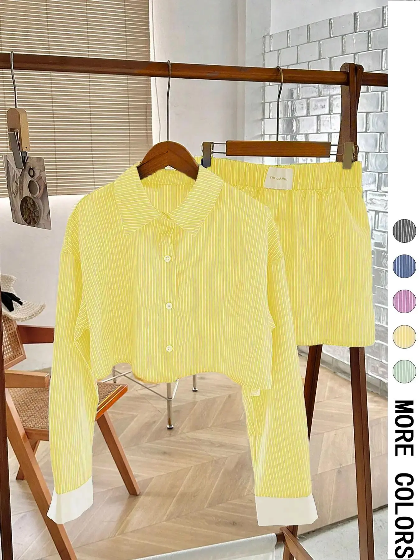 Women's Striped Print Button Front Shirt & Shorts Two-Piece Set