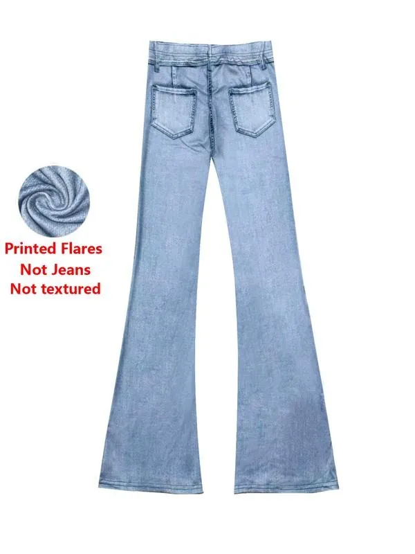 Women's Denim Print Flare Pants, Fashionable Long Jeans for Women, Casual High Waist Wide Leg Trousers
