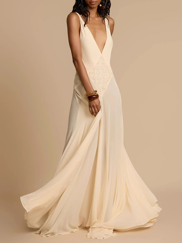 Lace Patchwork Solid Color Sleeveless V-Neck Elegant Chiffon Maxi Dresses