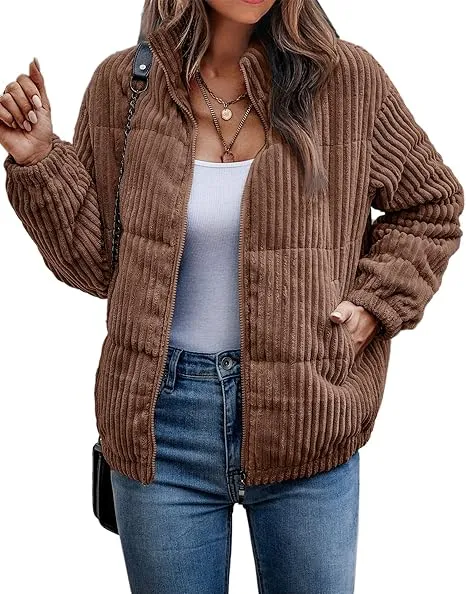 Women's Bomber Jacket Corduroy Ribbed Quilted Zip Up Long Sleeve Winter Coat Fall Outerwear Tops with Pockets